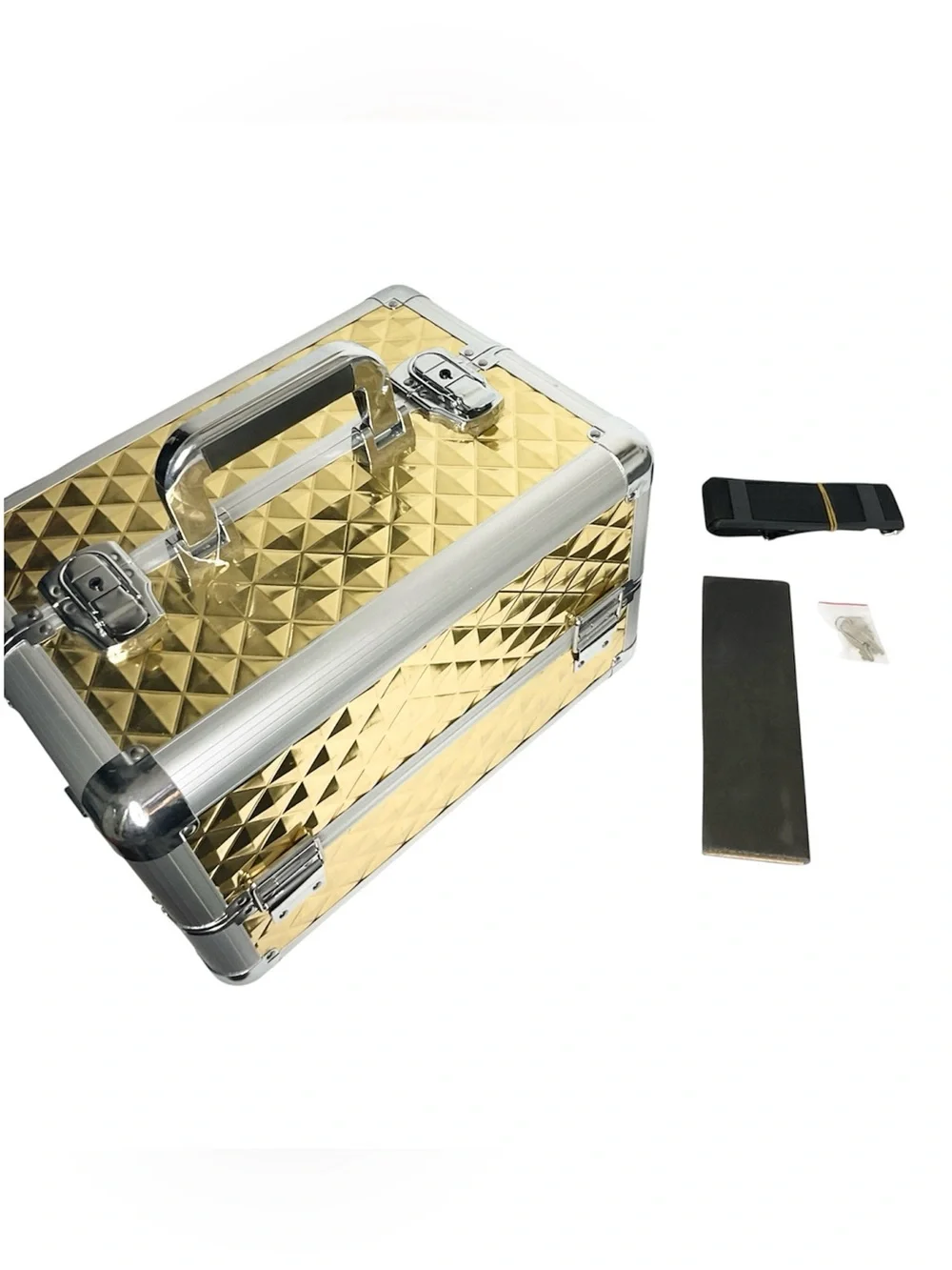 Gold Textured Train Case Cosmetic Bag - Key & Shoulder Strap Included